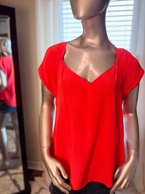 Rag & Bone 100% Silk Designer Danise Blouse Size 12 Coral V-Neck Cap Sleeve